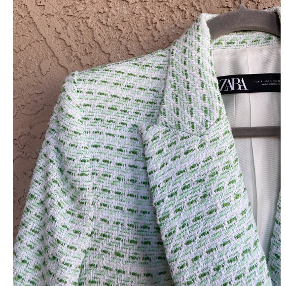 ZARA SET 2 Pc Co-Ord Suit Mint Green Textured Tweed Blazer & Pleated Mini Skirt - Picture 9 of 17